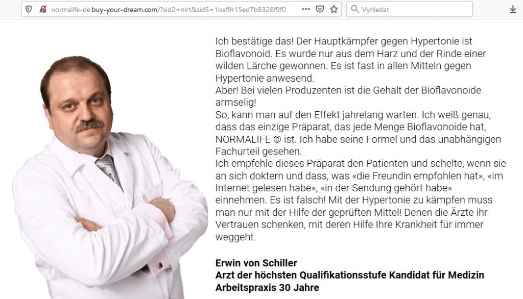 Německá reklama a podvodná recenze na tablety Normalife